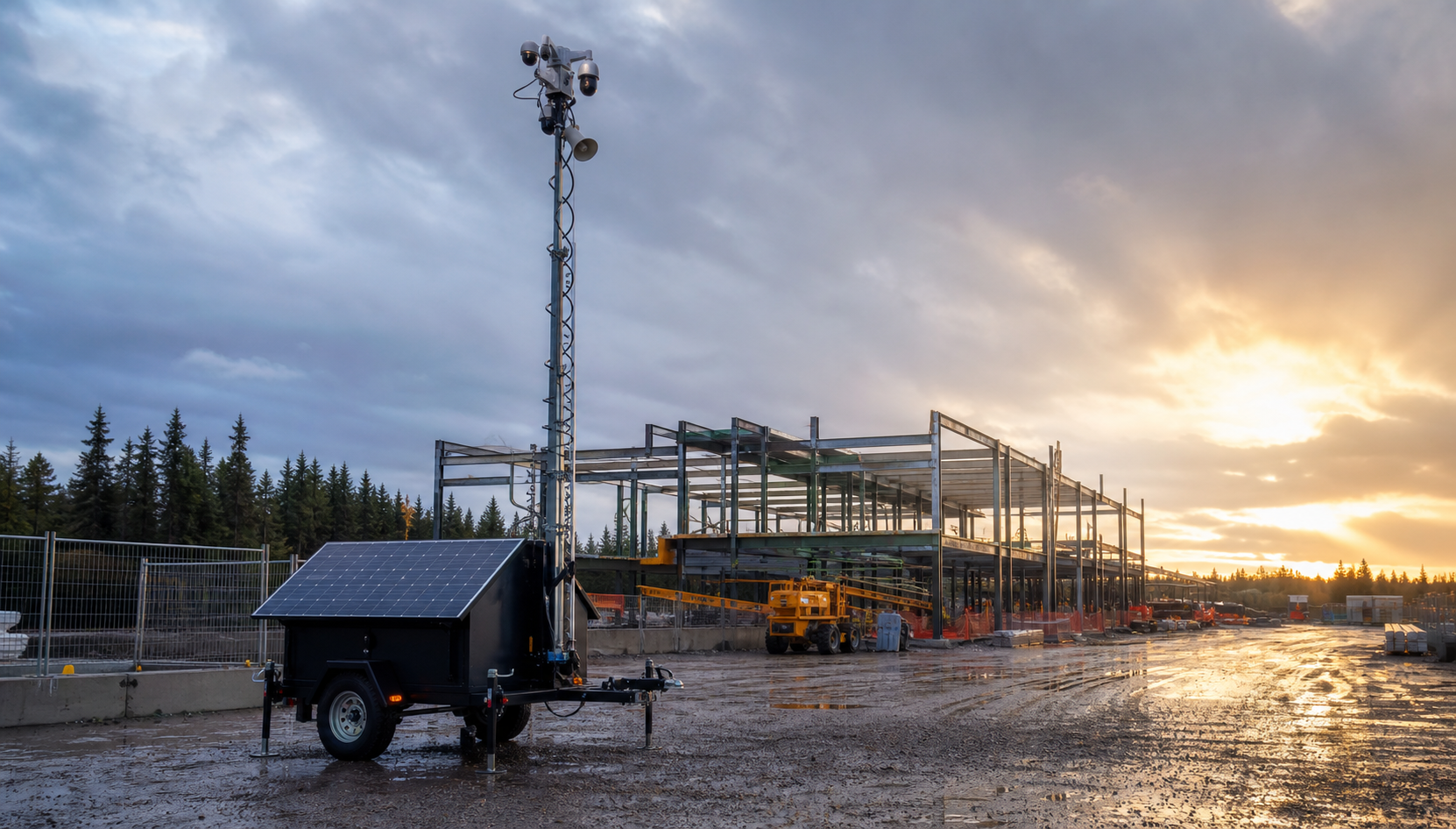 Mobile surveillance tower deployed at a construction site
